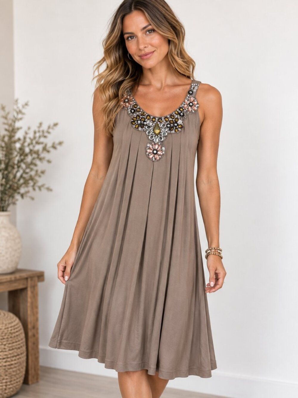 Suzi Chin for Maggy Boutique Taupe Jeweled-Neck Pleated Sleeveless Dress